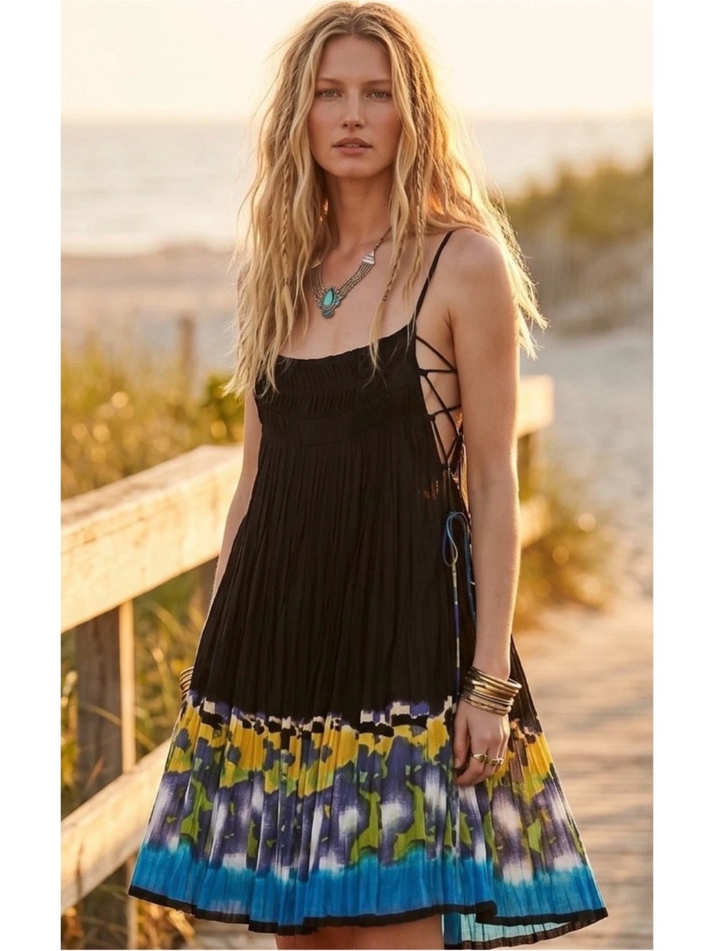 Free People One - Imperial palm pintuck lace up dress Small